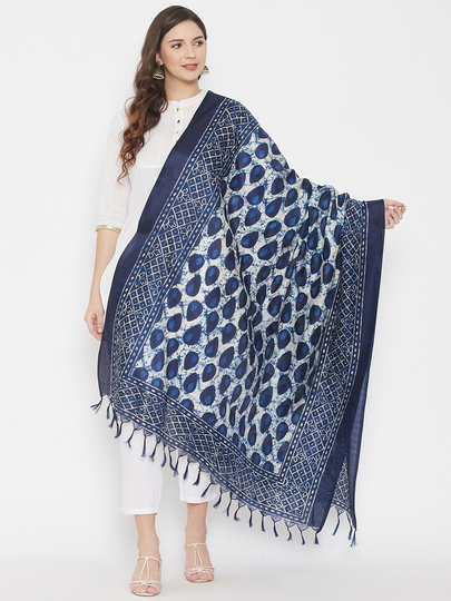 Women's Cotton Blend Navy Blue & White Printed Dupatta Free Shipping
