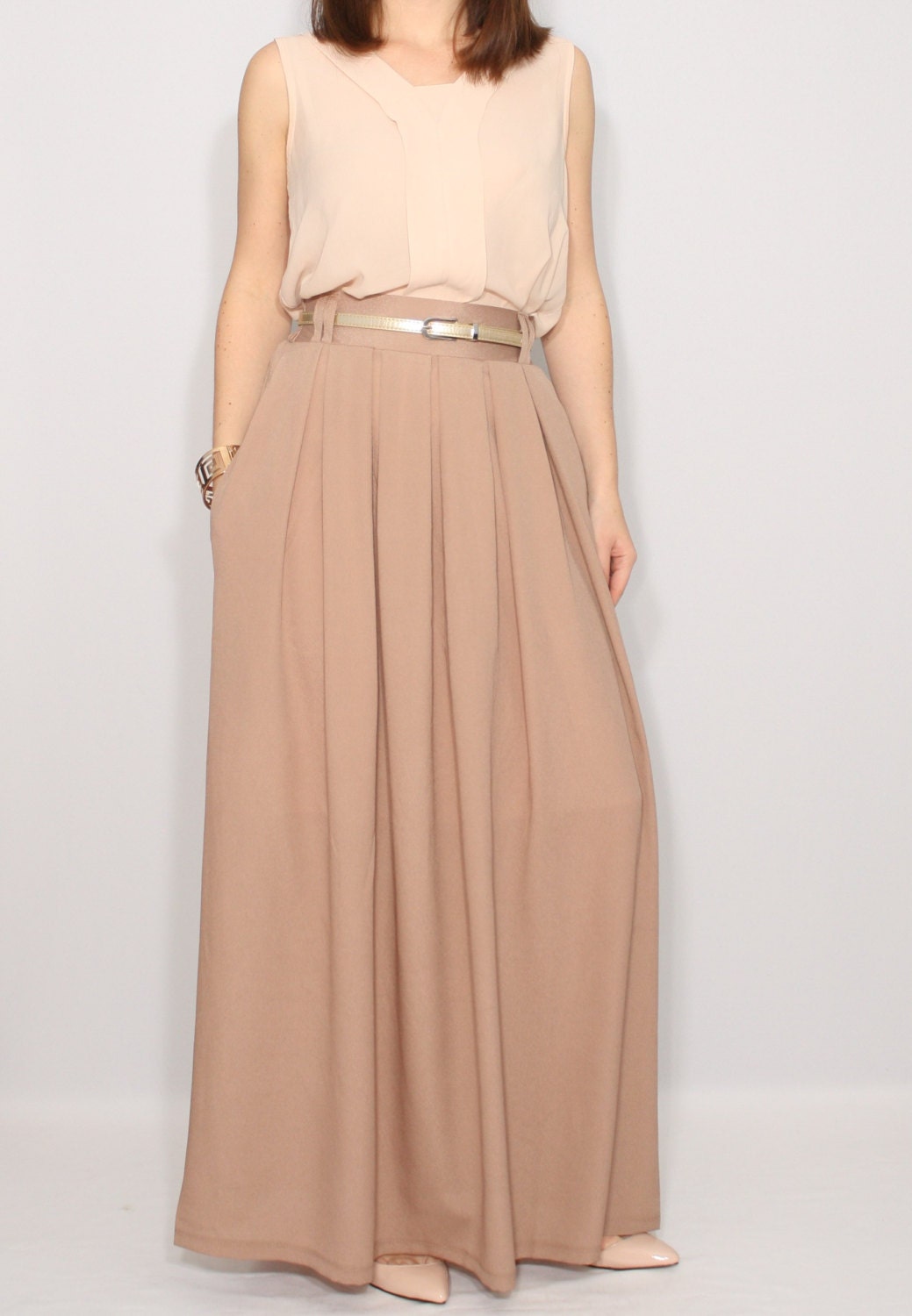 Light Brown Maxi Skirt With Pockets, Pastel Skirt, Long Chiffon
