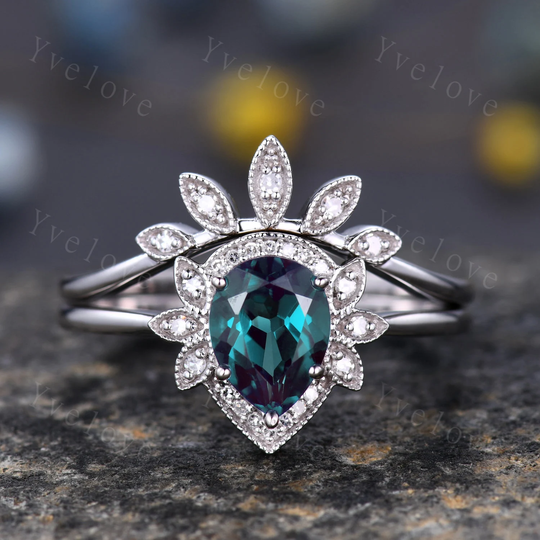Alexandrite Engagement Ring Set White Gold Pear Cut Antique Art Deco Diamond Stacking Matching Band Wedding Gift