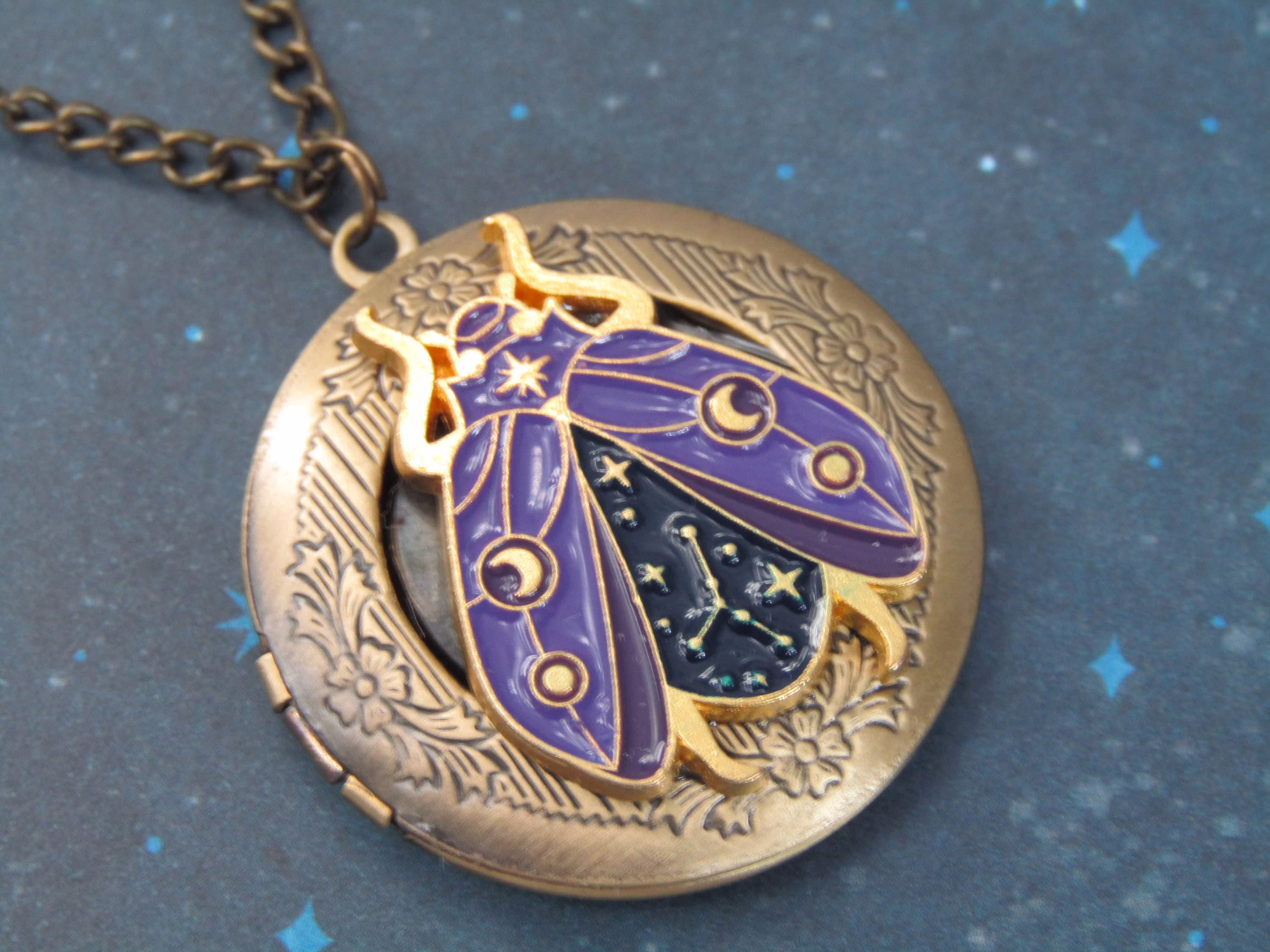 Celestial Beetle Photo Locket Witchy Woman Necklace Chain Witch Woods Forest Fairy Cottagecore