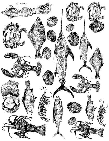Seafood in Black - Ceramic Decals- Enamel Decal Fusible Glass Fusing ~ Waterslide 55179