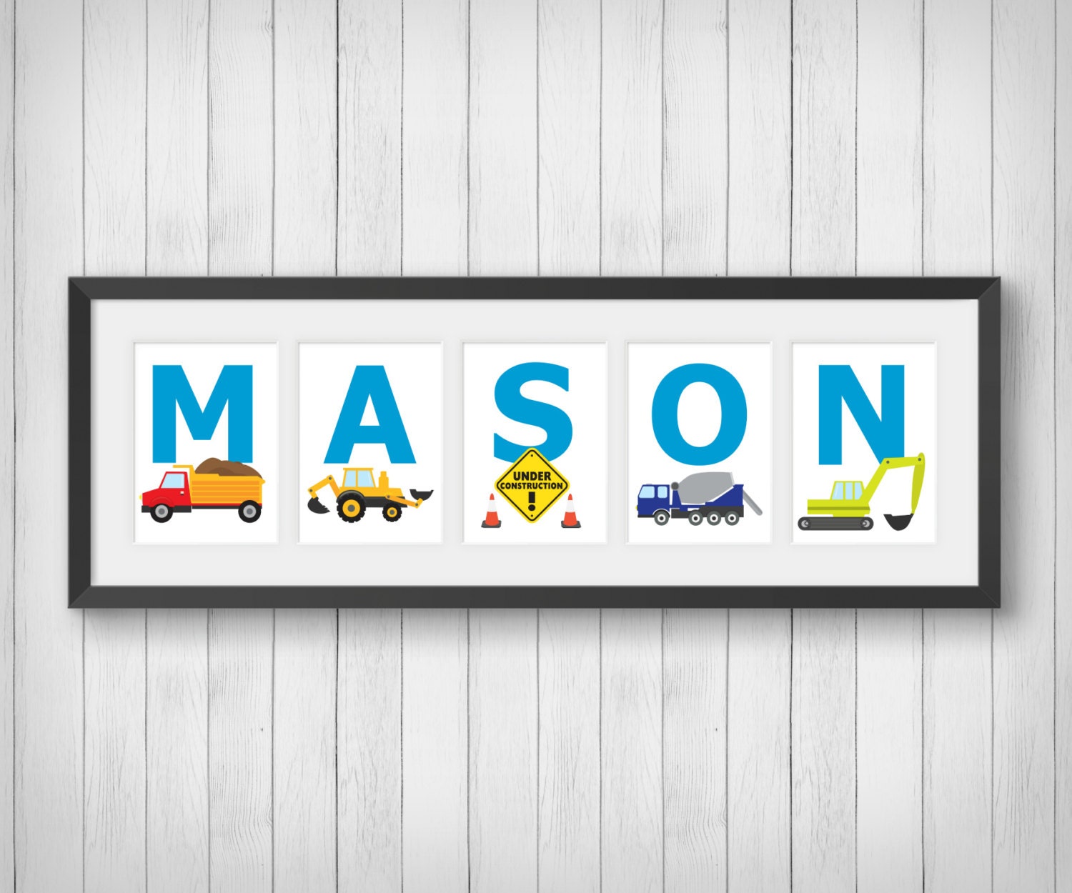Boys Construction Trucks Wall Art - Personalized Name Print Room Decor Truck Individual 4x6, 5x7, 8x10
