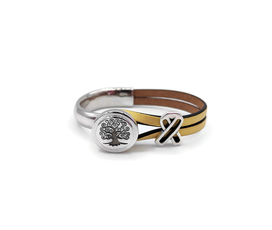 Childhood Cancer Awareness Bracelet L Gold Leather With Tree Of Life Half Cuff