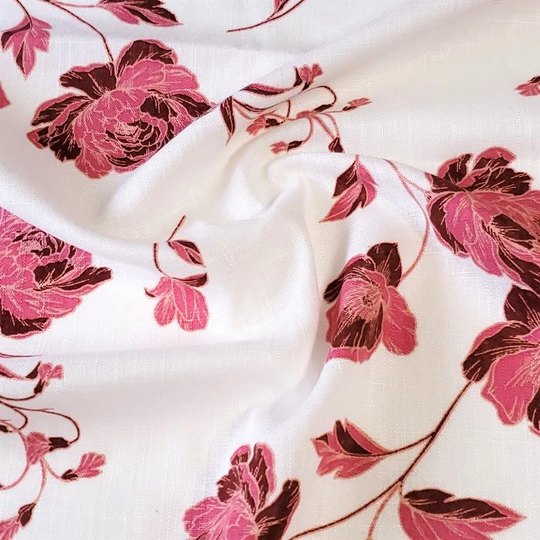 Woven Cotton Linen Blend, Very Pretty Pink & Maroon Floral On White. Nice Breathable Fabric. No Stretch Woven, Sold By The 1/2 Yard