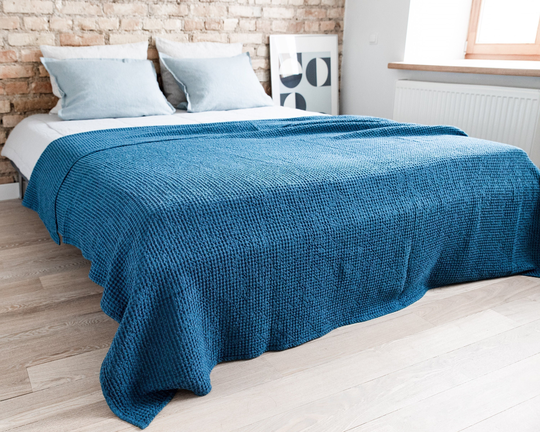 Blue Waffle Linen Cotton Blend Blanket. Couch Coverlet. Queen Size King Bedspread. Home Decor. Oversized Bedspread