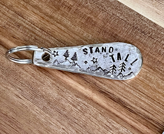 Keychain Stand Tall, Mountains Trees Stars, Motivational Inspirational, Nature Inspired, Recycled Silver Plate