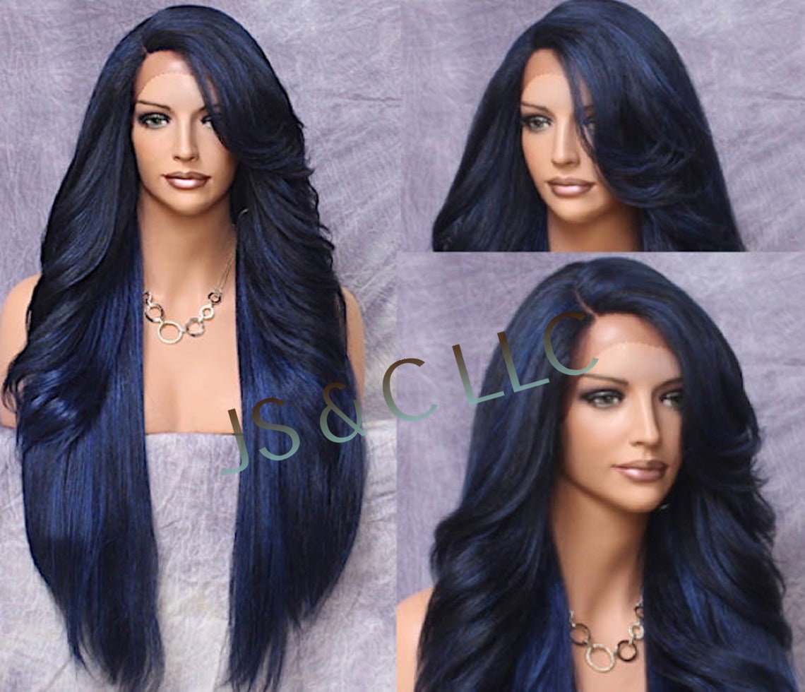 Luscious Human Hair Blend Full Lace Front Wig With Feathered Sides Long Swept Bangs & Natural Side Parting in Exotic Blue Mix Color