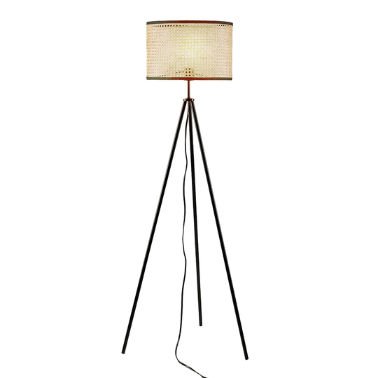 Natural Rattan and Black Metal Tripod Ennis Floor Lamp: Black/Natural - Natural Fiber by World Market