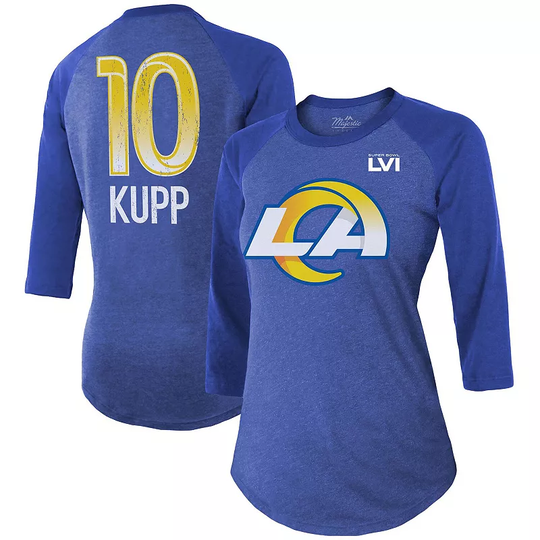 Women's Majestic Threads Cooper Kupp Royal Los Angeles Rams Super Bowl LVI Name & Number Raglan 3/4 Sleeve T-Shirt, Size: XL, Blue