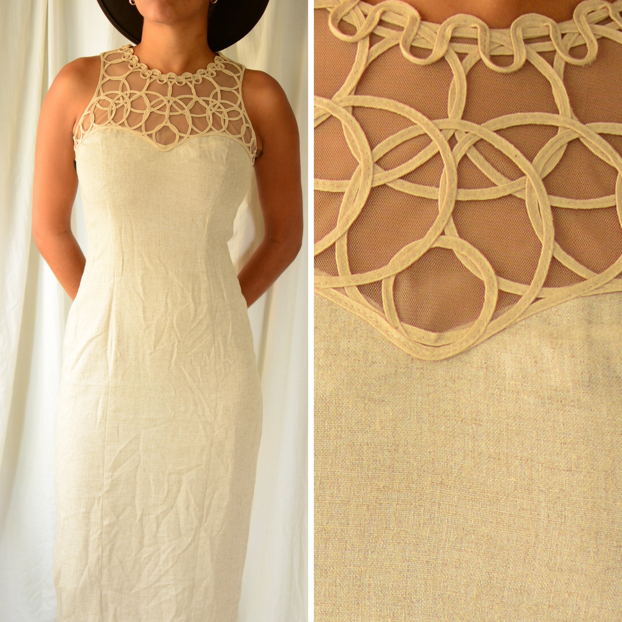 Rampage Beige Fitted Bohemian Dress | Vintage 1990S Sand Colored Sleeveless Brown Boho Dress, Size Small