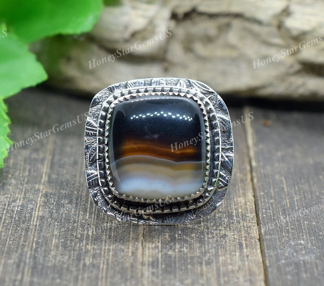Banded Agate Ring 7.5, 8.5, 9 Us Silver Ring, Handmade Statement Ring, Mothers Day, Gift For Mom Vintage #ba Square Shape