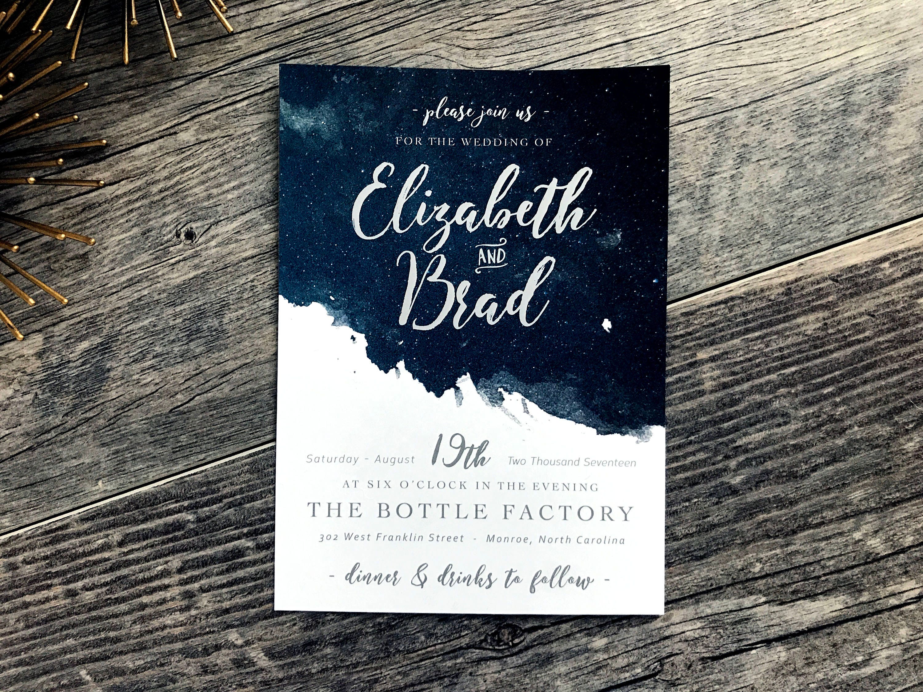 starry Night Invitation | Navy Blue Watercolor Texture Wedding Dark Sky Personalized