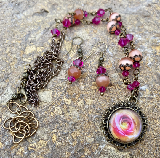 Graceful Dreamy Rose Pendant & Earring Set...wire-Wrapped, Handcrafted