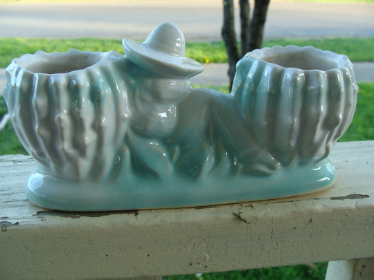 Retro Art Pottery Person Sleeping Against A Cactus Sombrero Flower Pot Planter Turquoise Blended Glaze Mccoy Shawnee Ransbottom Type