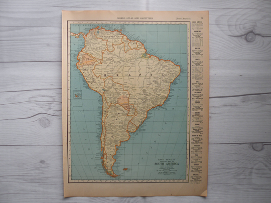 1937 South America Wwii Era Map, Vintage Map America, Office Art Wall Art, Holiday Gift, Beautiful Old To Frame
