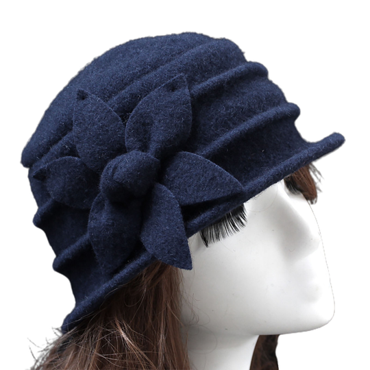 Flower Decor Felt Hat Solid Color Wool Blend Thick Warm Women Winter Hat Fashion Accessories - dark cyan, one size