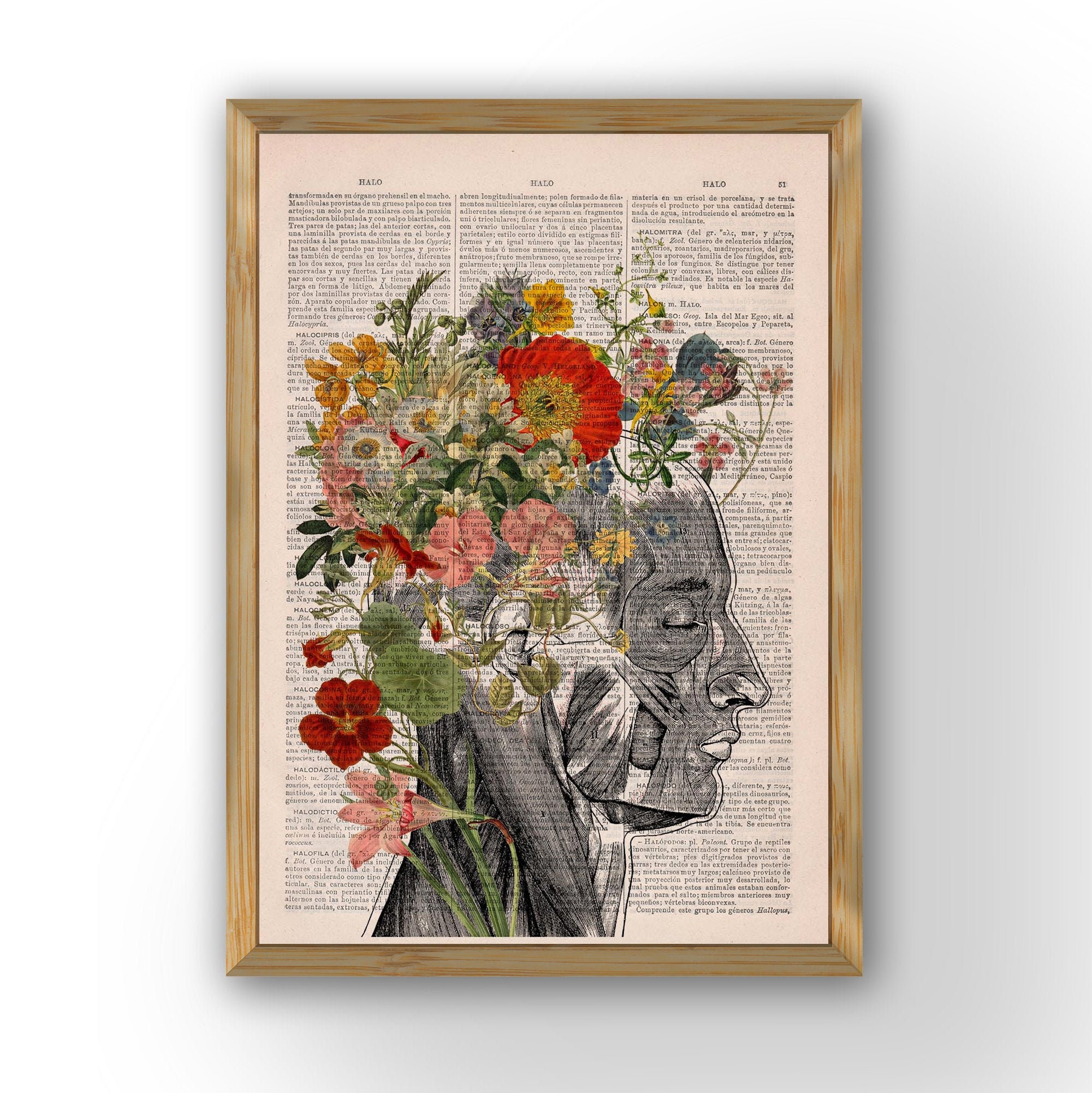 Wall Art Print Woman Gift Flowery Hair Collage Printed On Dictionary Book Page. Anatomy Decor, Flower & Butterflies Print, Ska161