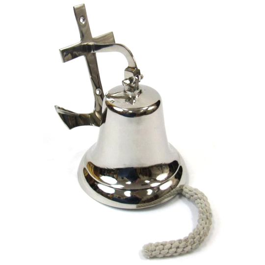 Nautical Specials Enormous 7" Anchor Ship Bell Chrome Wall Hanging With Rope Polished Mounting Hardware Bracket | 7" Silver Plate