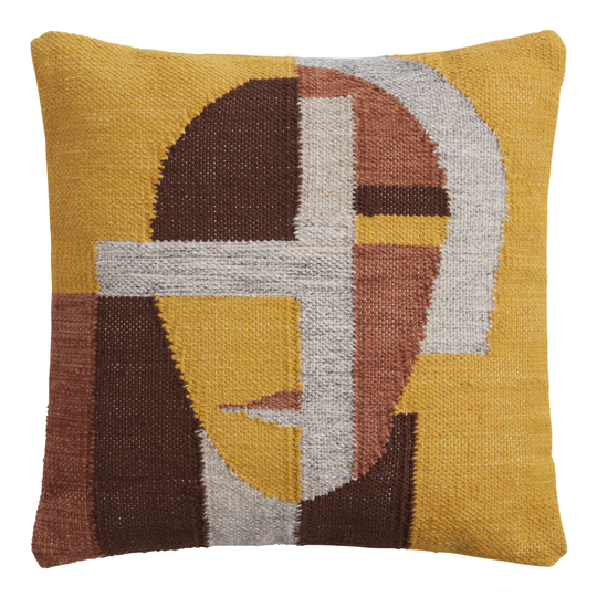 Abstract Face Kilim Indoor Outdoor Patio Throw Pillow: Brown - Polyester - Square by World Market