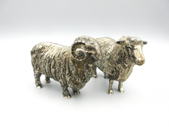 Pair Of Vintage Sold Sterling Silver Sheep & Ram Cabinet Figurines Edward Barnard 1975