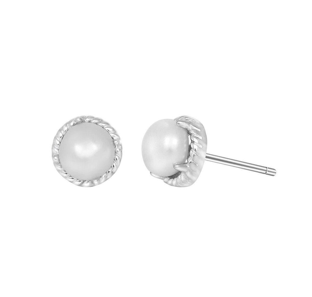 Twisted Fresh Water Halo Pearl Crown Wedding Stud Earrings - Bridal Jewelry Bridesmaids Gift Sterling Silver Cz Crystal