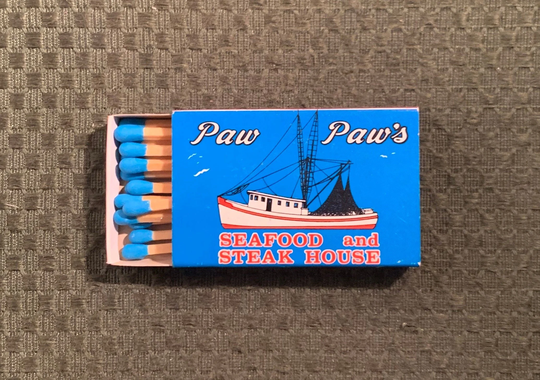 Vintage Matchbook, Paw Paws, Seafood, Restaraunt, Lake Charles, Louisiana, Matchbox, with Wooden Match Sticks, Free Ship in Usa
