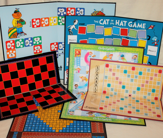 6 Vintage Game Boards Chutes & Ladders, Chess/Checkers, Scrabble, Skirrid, Cat in The Hat, Junior Phonics Fat