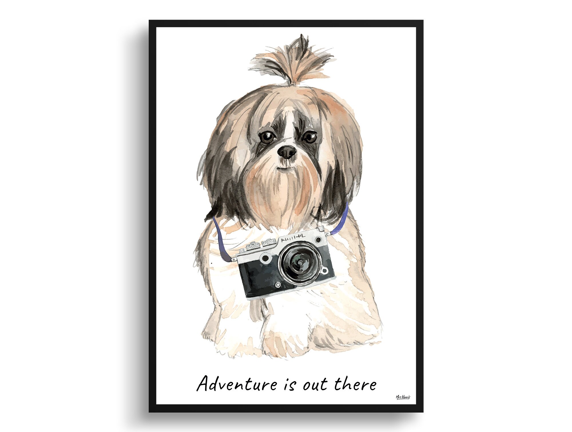 Adventure Is Out There Shih Tzu Long Hair Dog Print Illustration. Framed & Un-Framed Wall Art Options. Personalised Name