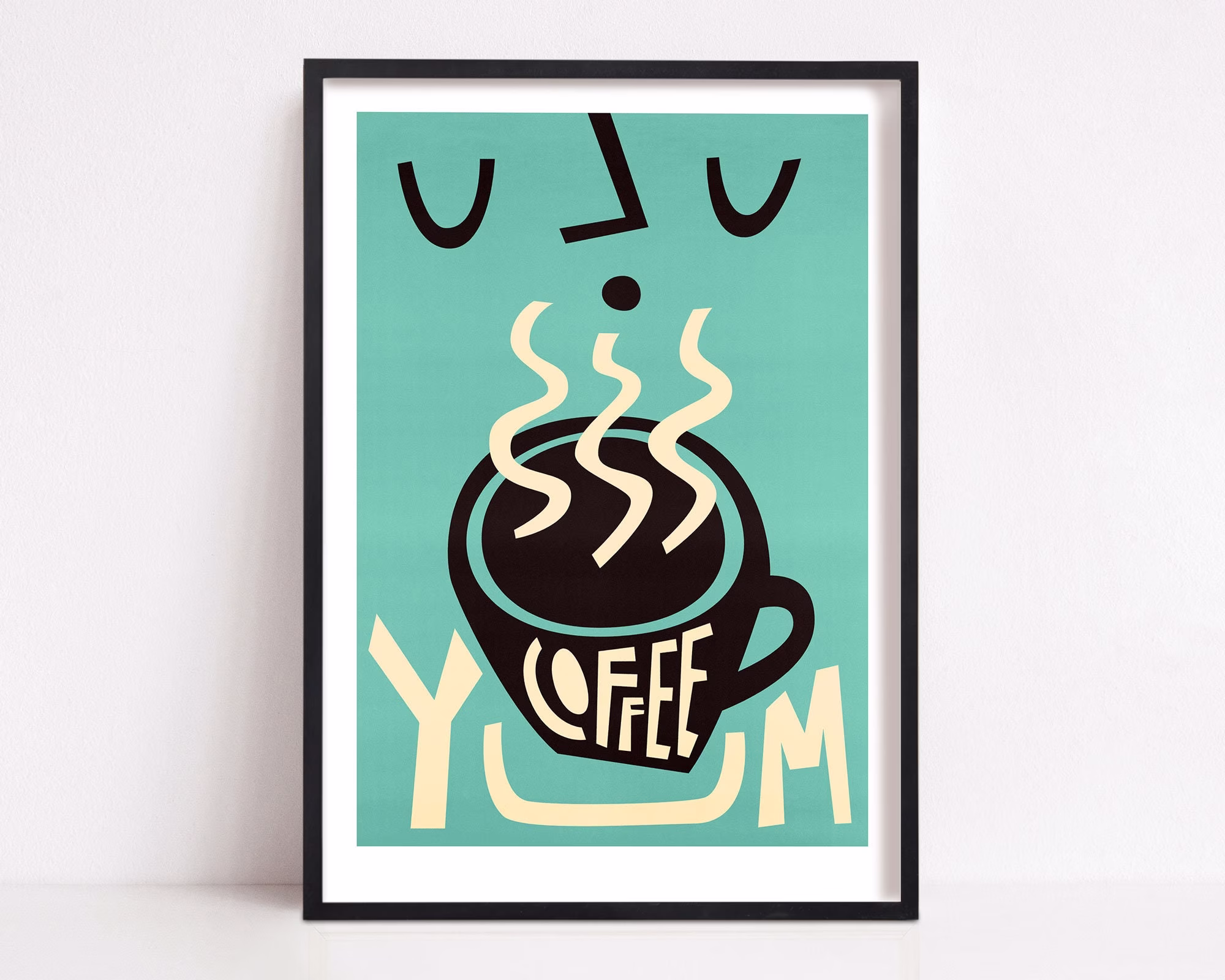 Coffee Print, Bar Decor, Lovers Gift, Breakfast Nook Poster Big Wall Art Kitchen, Retro Sign, Teal