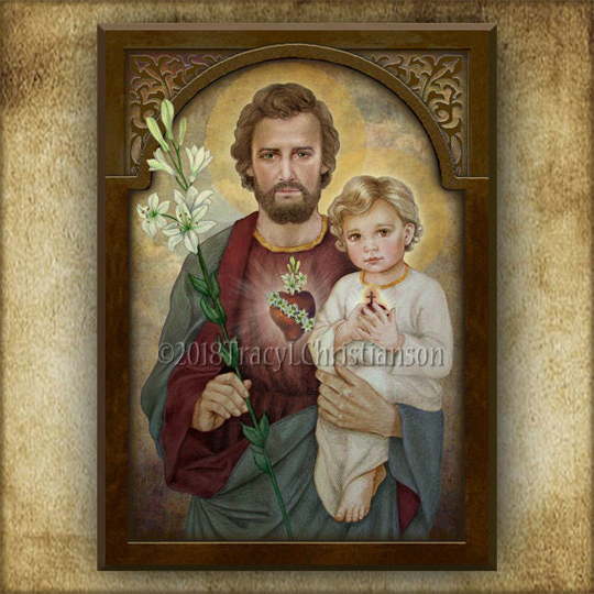 st. Joseph, Chaste Heart & Baby Jesus Wood Icon/Plaque & Holy Card Gift Set, For Christening, Fathers Day