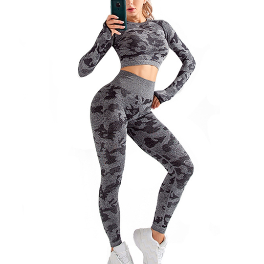 2Pcs Yoga Suit Long Sleeve Crop Top Blend Fabric Seamless High Waist Workout Outfits for Women - black grey, s