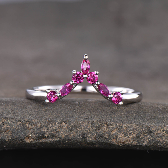 Ruby Stacking Ring, July Birthstone Wedding Marquise Silver Crown Anniversary Ring