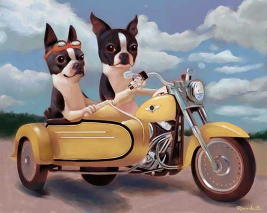 Boston Terrier Riding A Motorcycle, Terrier Art Gift, Dog Home Decor, Boston Motorcycle Wall Print, Red