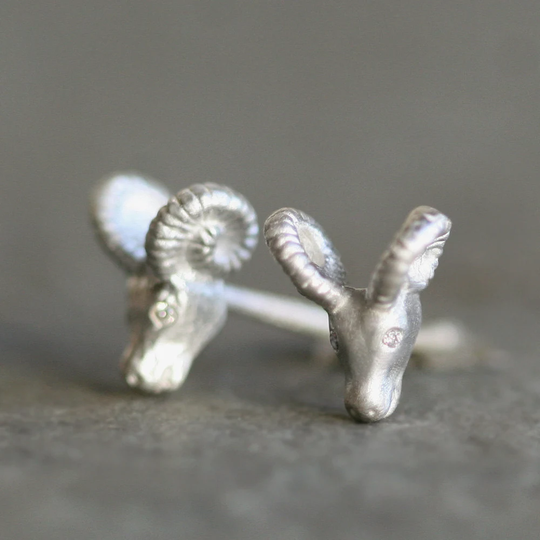 Tiny Ram Earrings in Sterling Silver With Diamonds