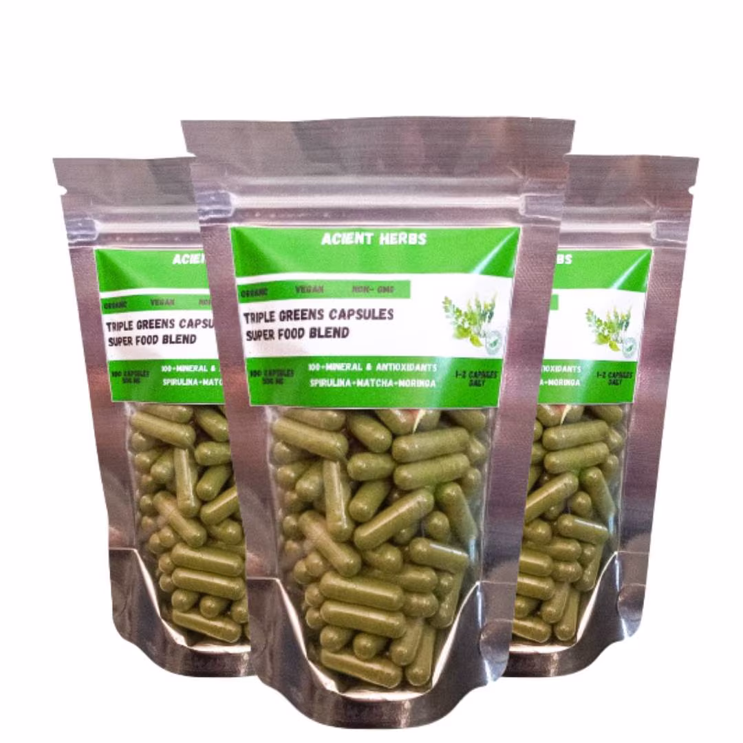 Moringa + Matcha Spirulina Capsules 500 Mg - Triple Greens Superfood Blend | Acient Herbs