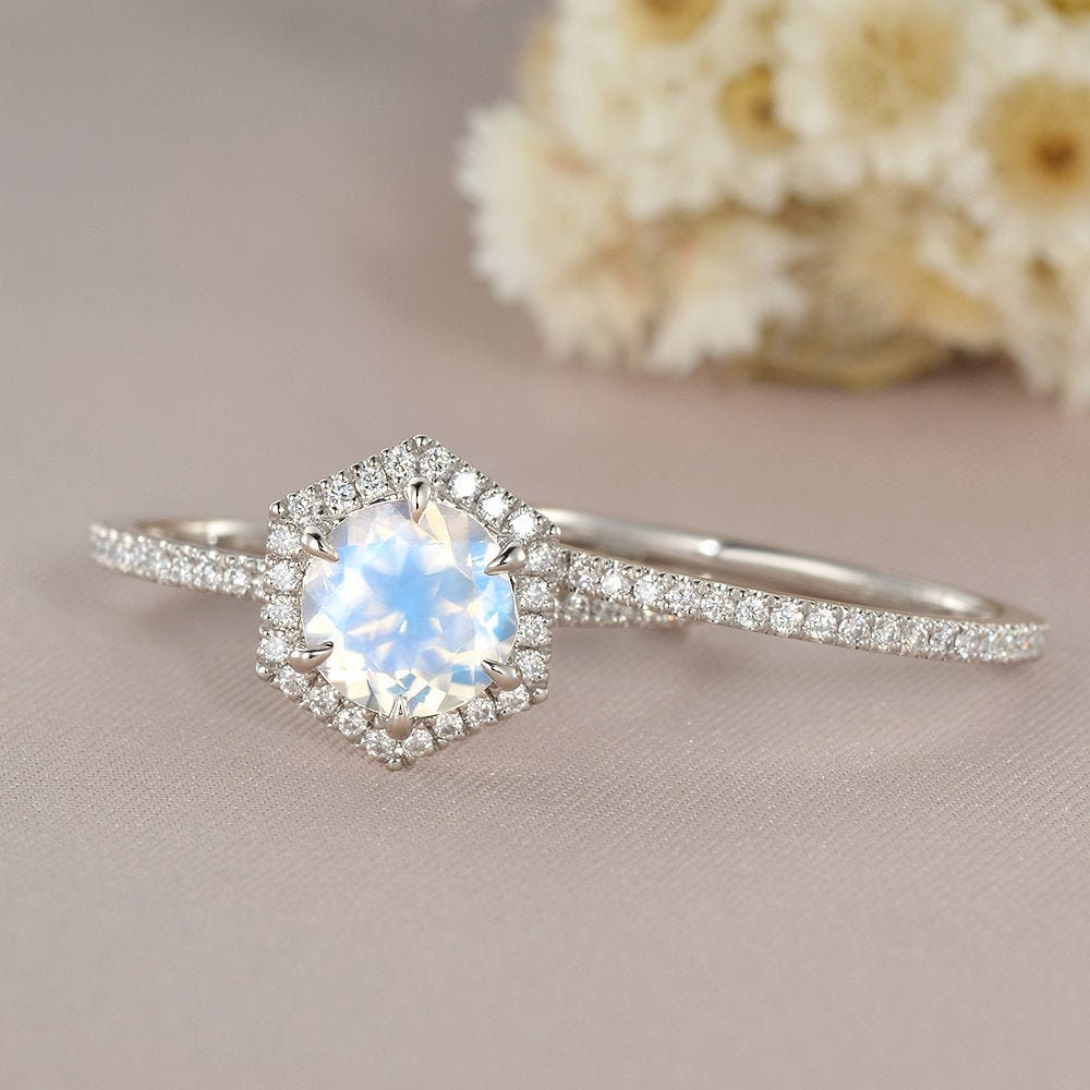 White Gold Hexagon Halo Moonstone Engagement Ring Set Unique 2Pcs Round Cut Bridal Diamond Half Eternity Art Deco Anniversary