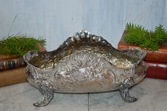Antique Large Jardiniere Silver Plated Cherubs & Ram Scenes Repousse Footed Planter Webster Sons