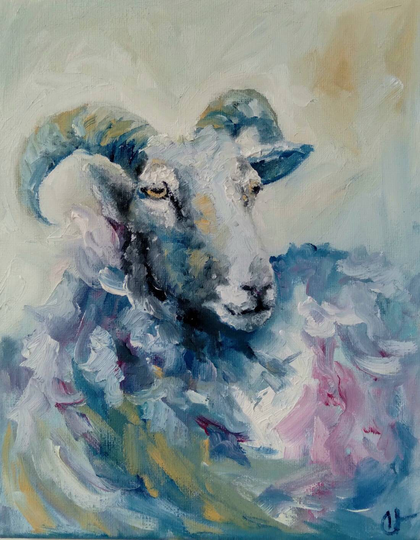 Original Blue Ram Lamb Sheep Oil Painting, Farm Animal Artwork, Wildlife Painting