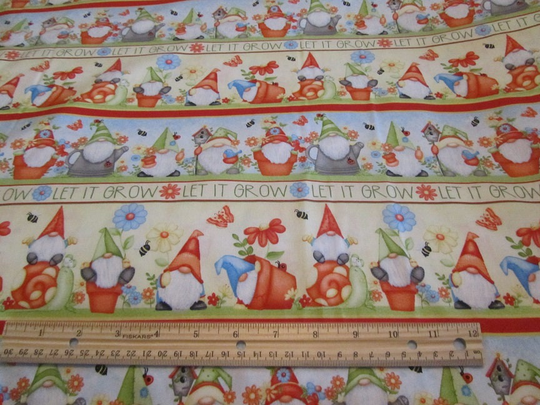 Multicolored Vertical Henry Glass Summer Garden Gnomes Cotton Fabric By The Yard