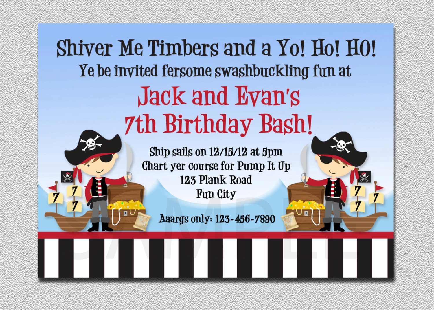 Pirate Birthday Invitation, Party Twins Invitation