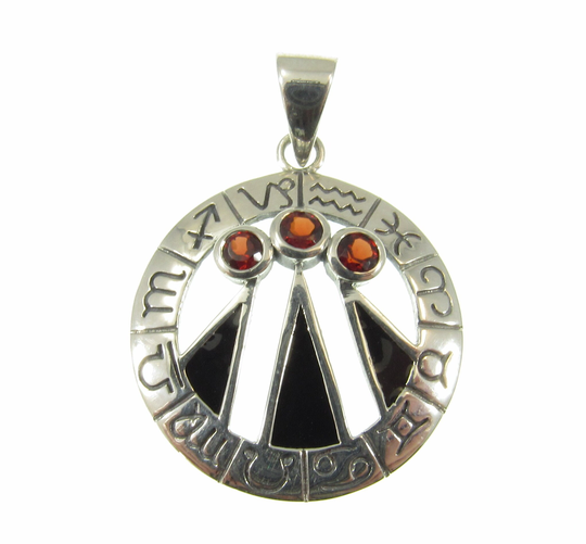 Solid 925 Sterling Silver Zodiac Wheel With Awen The Three Rays Of Light, Druid Pendant, Choose Gemstone Amethyst, Garnet, Or Topaz