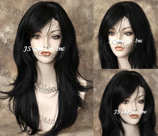 Black Human Hair Blend Wig Heat Ok Flared Out Sides & Back Full Bangs Cancer Alopeica Theater Anime Cosplay Emo