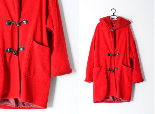 Vintage 80S Red Wool Blend Hooded Duffle Womens Coat Size L