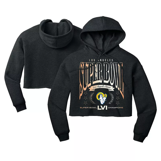 Women's WEAR by Erin Andrews Heathered Charcoal Los Angeles Rams Super Bowl LVI Champions We Are The Champs Cropped Pullover Hoodie, Size: 2XL, Grey