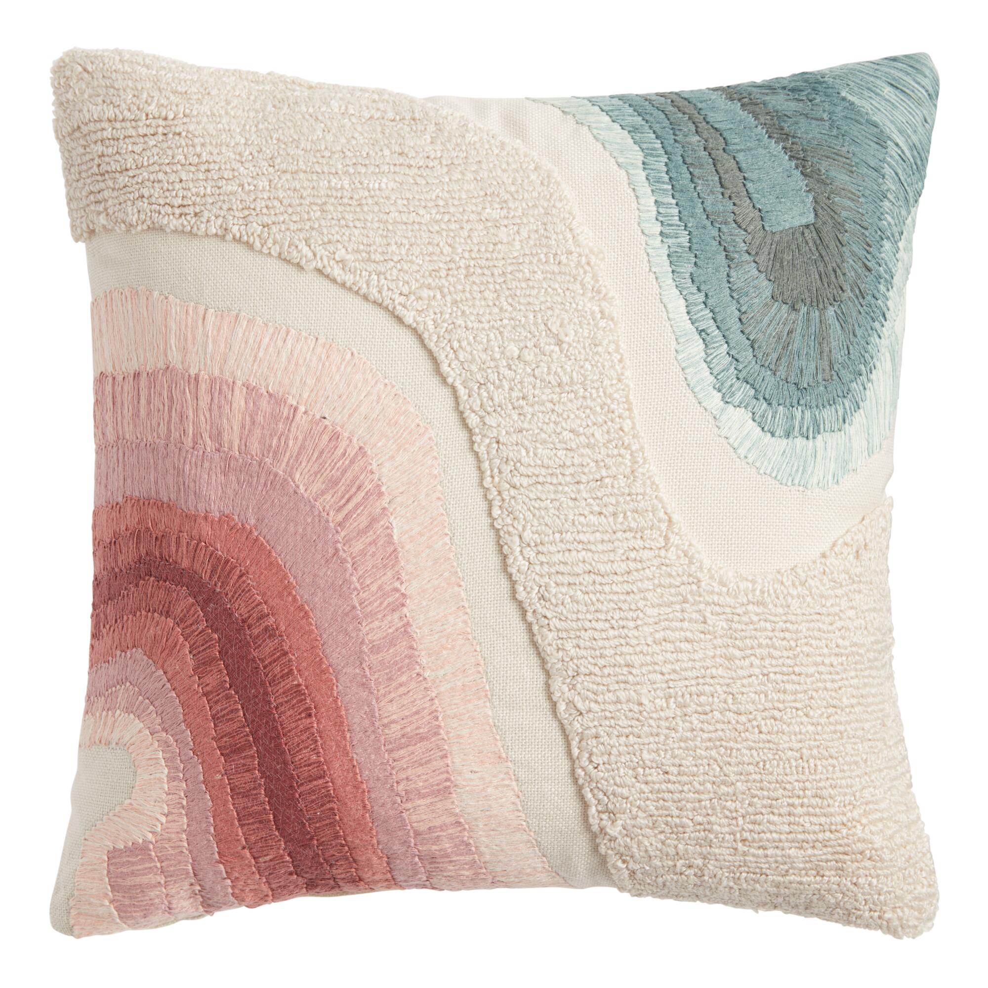 Pink, Ivory And Green Ombre Embroidered Throw Pillow: Blue - Cotton - 18" Square by World Market