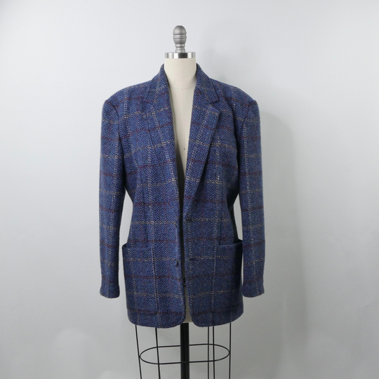 Ladies Blue Tweed Wool Blend Blazer Oversized Lizwear Size 6 Bold Plaid Jacket 80S Vintage