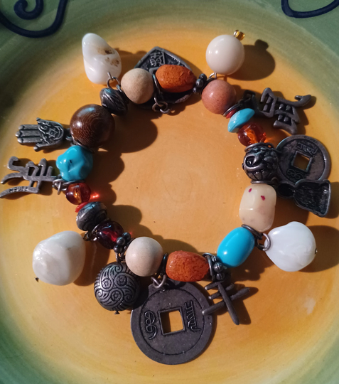 Chinese Asian Inspired Lucky Charm Bracelet, Coins, Buddha, Letters For Ram, Tiger, Rat, Hamsa Hand Stone & Wood Beads