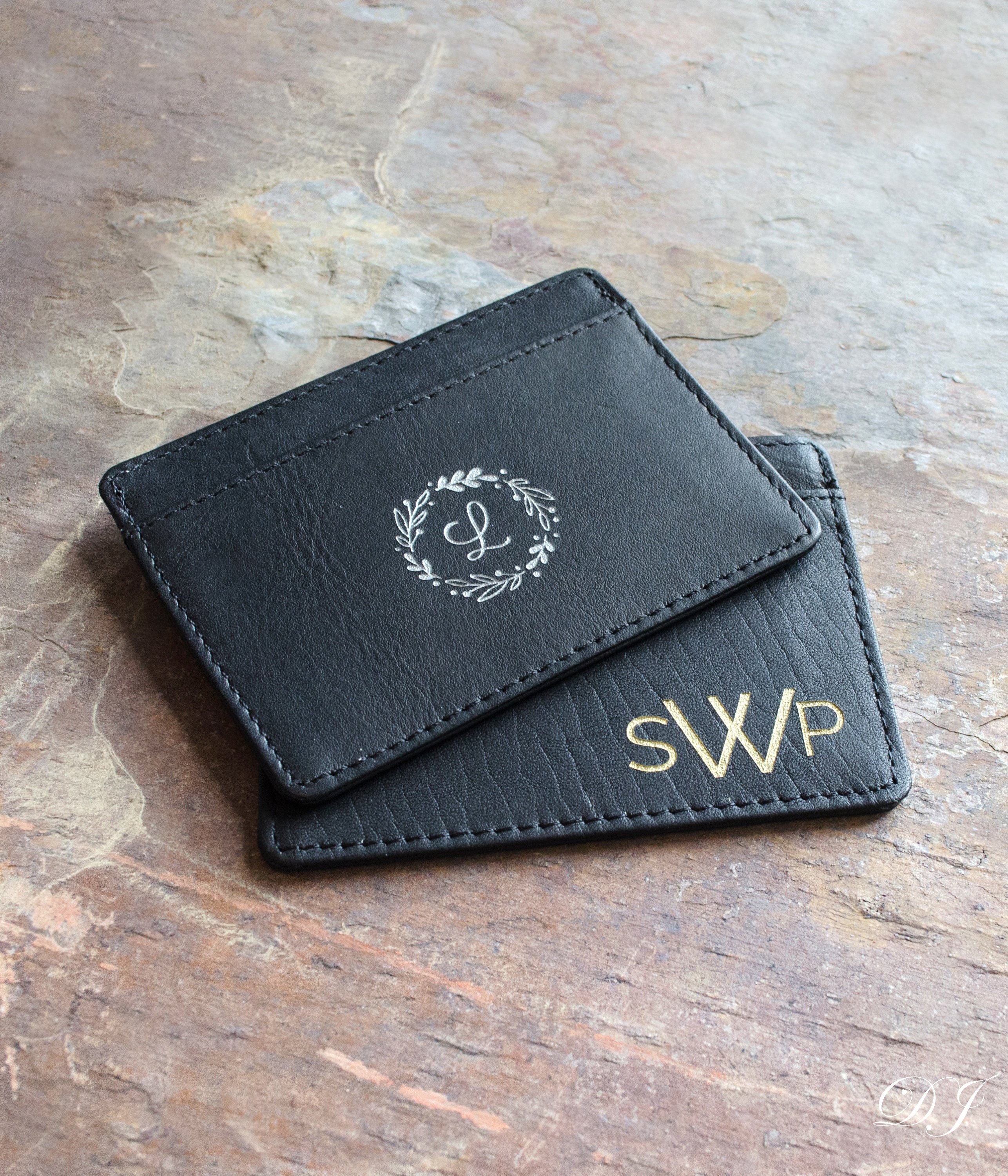 Monogrammed Slim Black Leather Wallet, Personalized Engraved Cardholder With Monogram, Signature, Or Drawing Gold Silver Detail