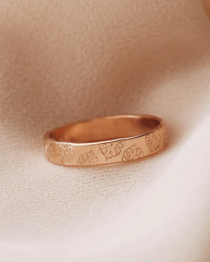 Small Monstera Hand Stamped Pattern Ring, Plant 14K Gold Filled R1329