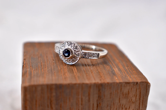 Vintage Inspired 14K White Gold Diamond & Sapphire Engagement Ring